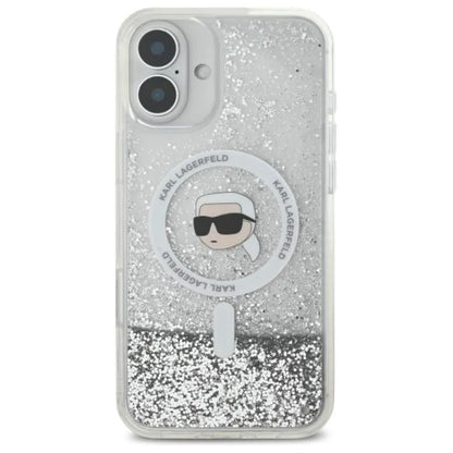 Karl Lagerfeld Liquid Glitter Karl Head MagSafe – dėklas iPhone 16 (skaidrus)