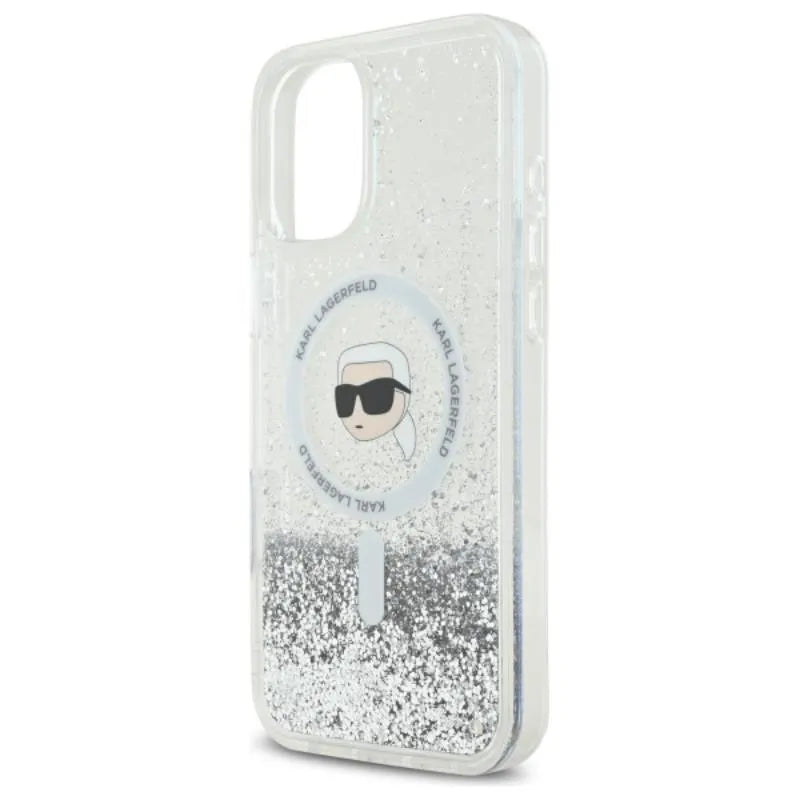 Karl Lagerfeld Liquid Glitter Karl Head MagSafe – dėklas, skirtas iPhone 16 Plus (permatomas)
