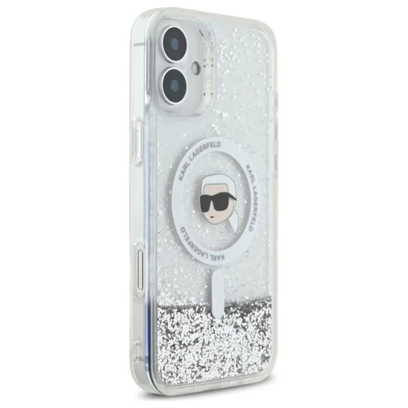 Karl Lagerfeld Liquid Glitter Karl Head MagSafe – dėklas, skirtas iPhone 16 Plus (permatomas)