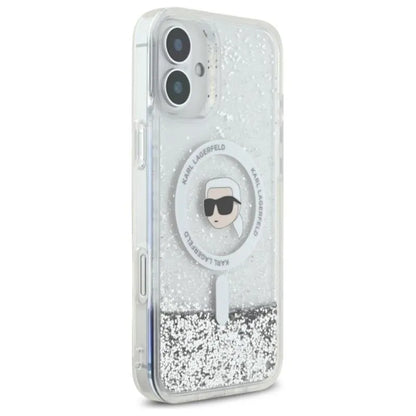 Karl Lagerfeld Liquid Glitter Karl Head MagSafe – dėklas, skirtas iPhone 16 Plus (permatomas)