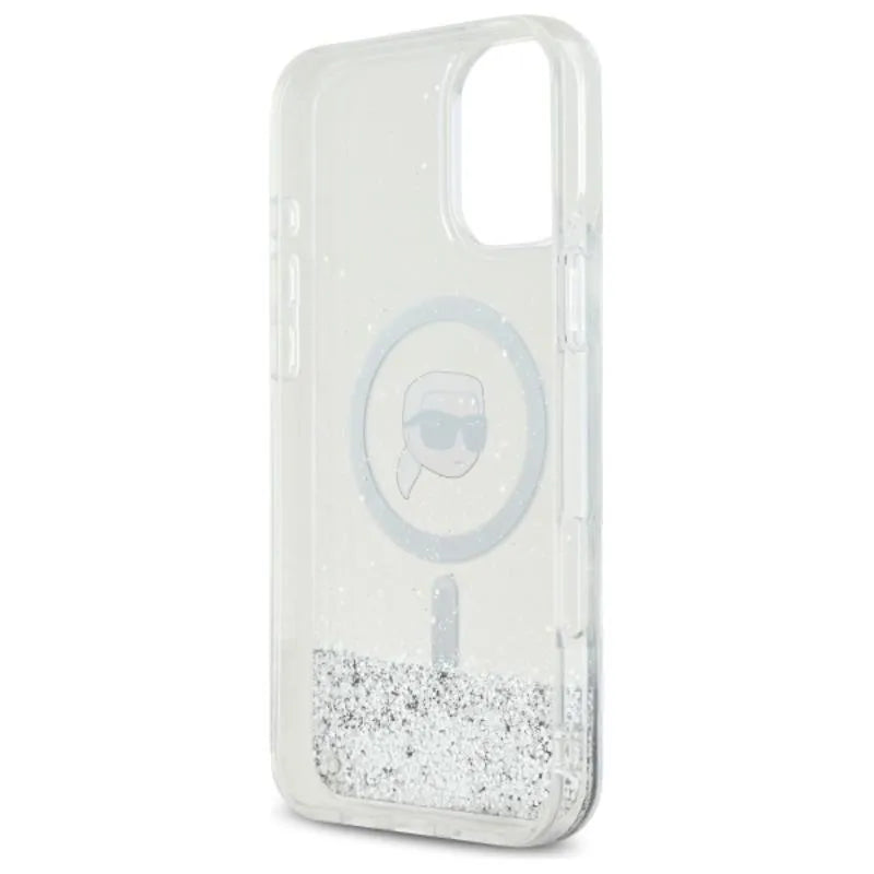 Karl Lagerfeld Liquid Glitter Karl Head MagSafe – dėklas, skirtas iPhone 16 Plus (permatomas)