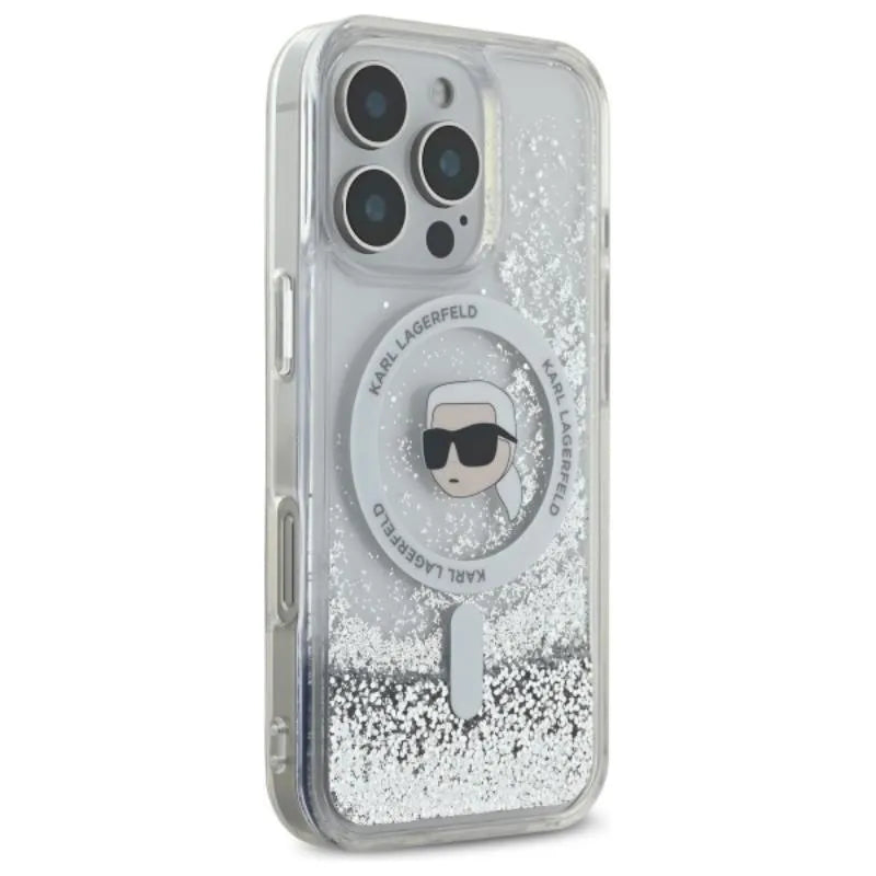 Karl Lagerfeld Liquid Glitter Karl Head MagSafe – dėklas, skirtas iPhone 16 Pro (skaidrus)