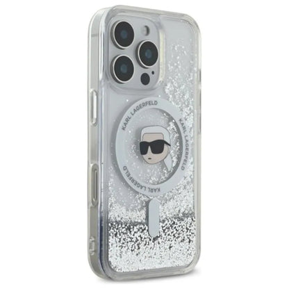 Karl Lagerfeld Liquid Glitter Karl Head MagSafe – dėklas, skirtas iPhone 16 Pro (skaidrus)