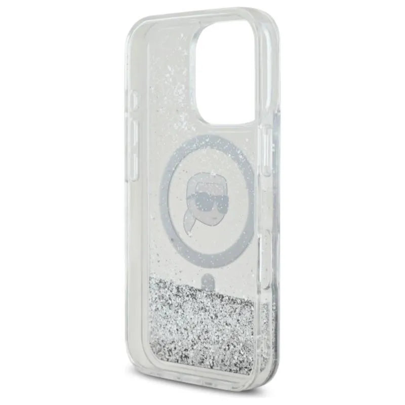 Karl Lagerfeld Liquid Glitter Karl Head MagSafe – dėklas, skirtas iPhone 16 Pro (skaidrus)