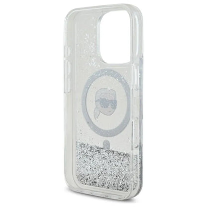 Karl Lagerfeld Liquid Glitter Karl Head MagSafe – dėklas, skirtas iPhone 16 Pro (skaidrus)