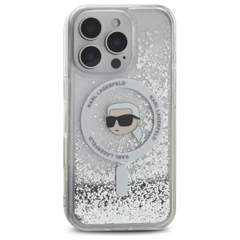 Karl Lagerfeld Liquid Glitter Karl Head MagSafe – dėklas, skirtas iPhone 16 Pro (skaidrus)