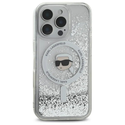 Karl Lagerfeld Liquid Glitter Karl Head MagSafe – dėklas, skirtas iPhone 16 Pro (skaidrus)
