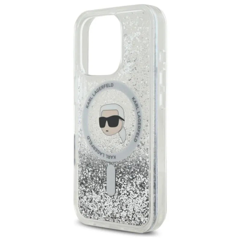 Karl Lagerfeld Liquid Glitter Karl Head MagSafe – dėklas, skirtas iPhone 16 Pro (skaidrus)