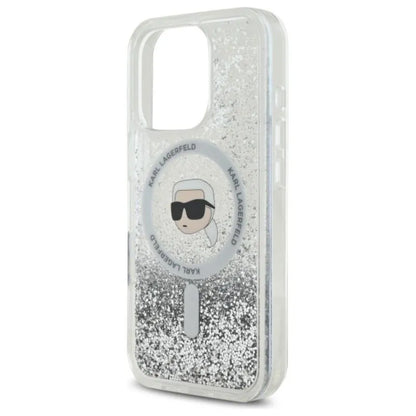 Karl Lagerfeld Liquid Glitter Karl Head MagSafe – dėklas, skirtas iPhone 16 Pro (skaidrus)