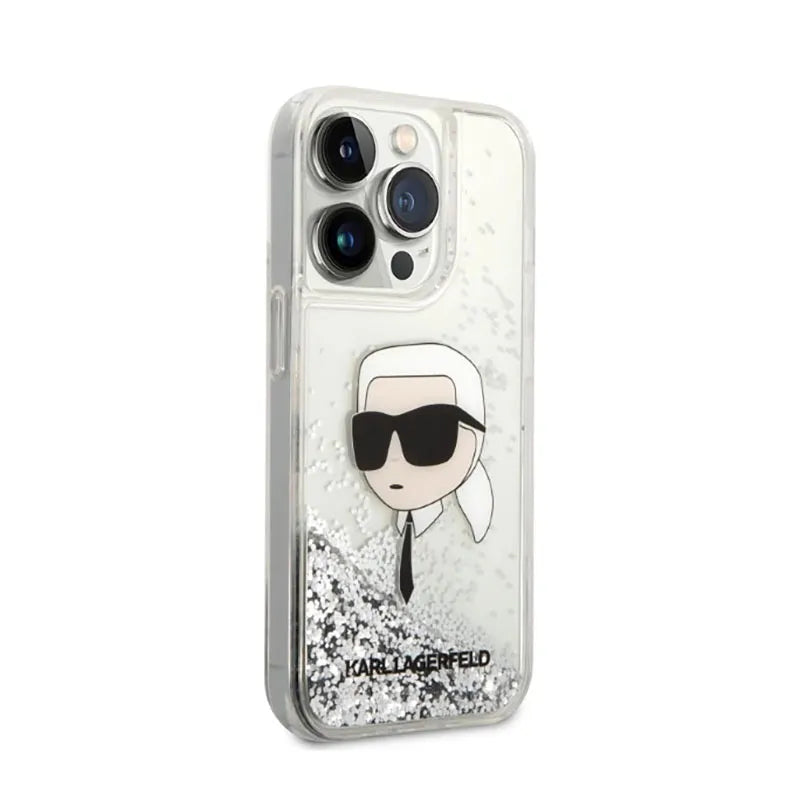 Karl Lagerfeld Liquid Glitter NFT Karl's Head – dėklas iPhone 14 Pro (sidabrinis)