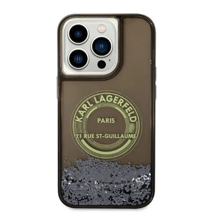 Karl Lagerfeld Liquid Glitter Round RSG Logo dėklas – dėklas, skirtas iPhone 14 Pro (juodas)