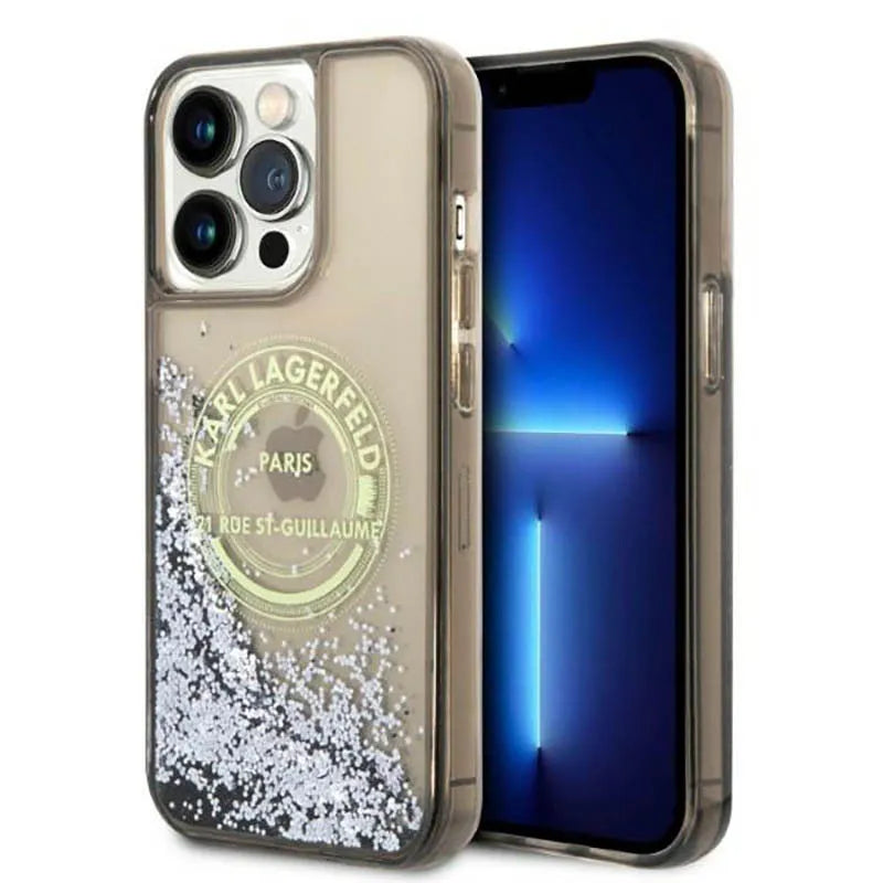 Karl Lagerfeld Liquid Glitter Round RSG Logo dėklas – dėklas, skirtas iPhone 14 Pro Max (juodas)