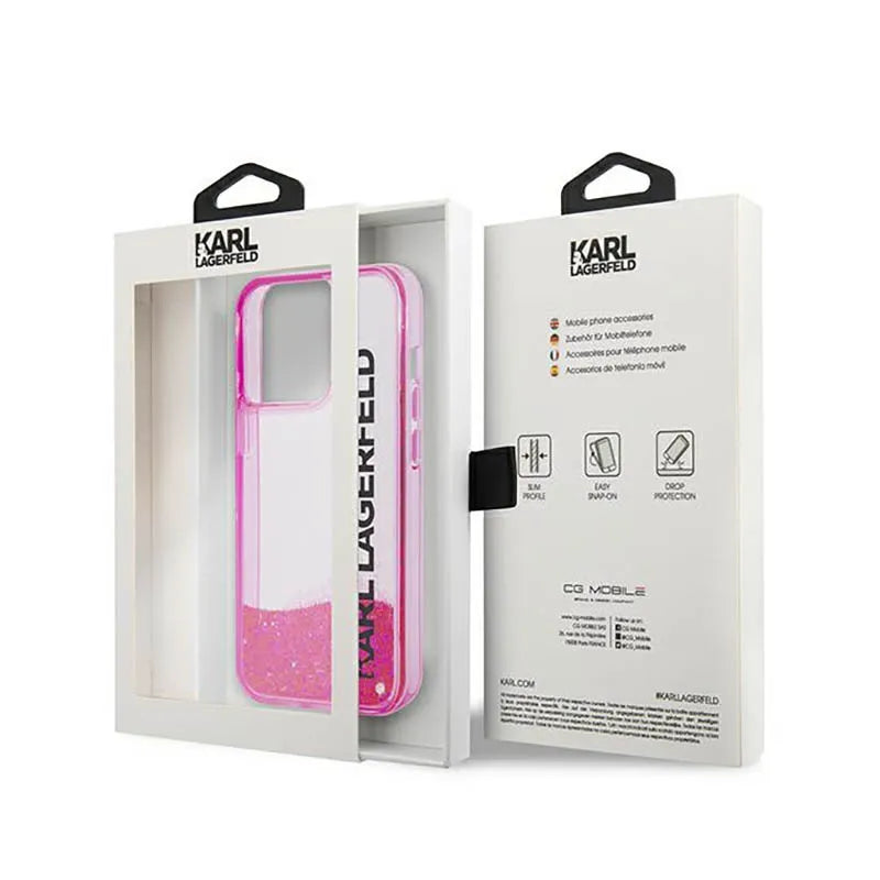 Karl Lagerfeld Liquid Glitter Translucent Elongated Logo dėklas – dėklas, skirtas „iPhone 14 Pro Max“ (rožinis)