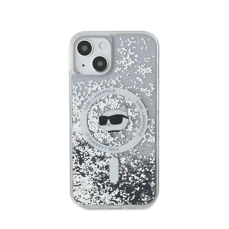 Karl Lagerfeld MagSafe Dėklas su Choupette galva ir skystais blizgučiais – skirtas iPhone 14 / 15 / 13 (Permatomas)