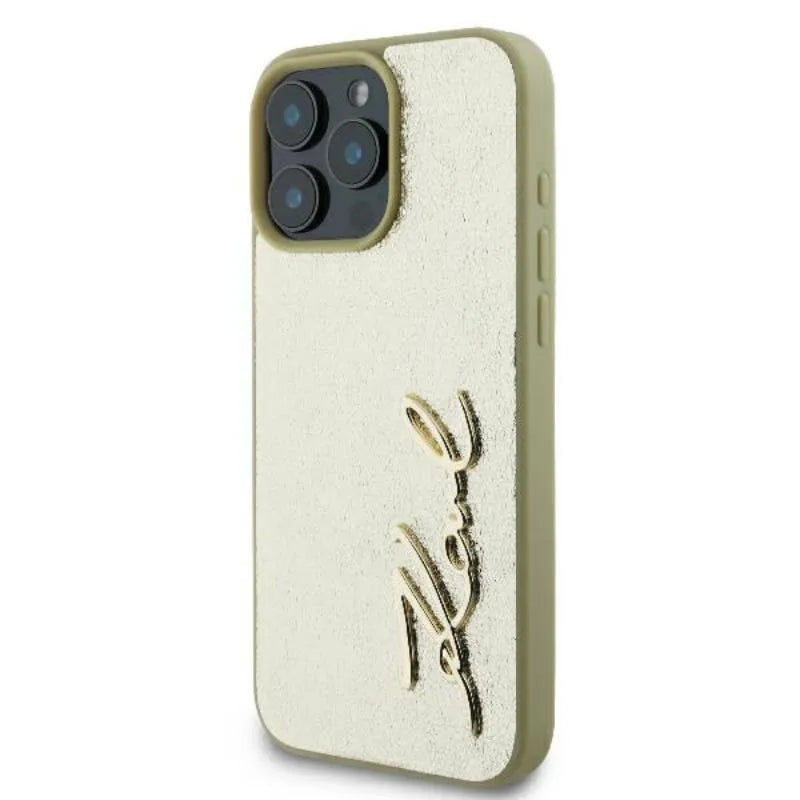 Karl Lagerfeld Metal Signature – Dėklas iPhone 16 Pro (auksinis)
