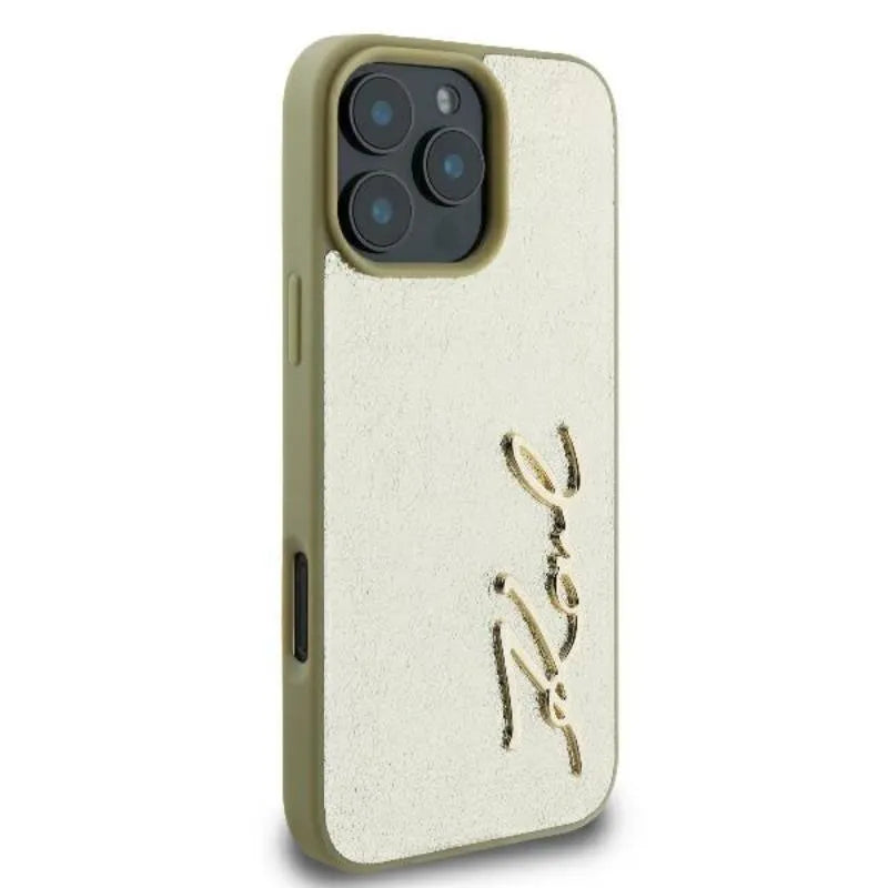 Karl Lagerfeld Metal Signature – Dėklas iPhone 16 Pro (auksinis)