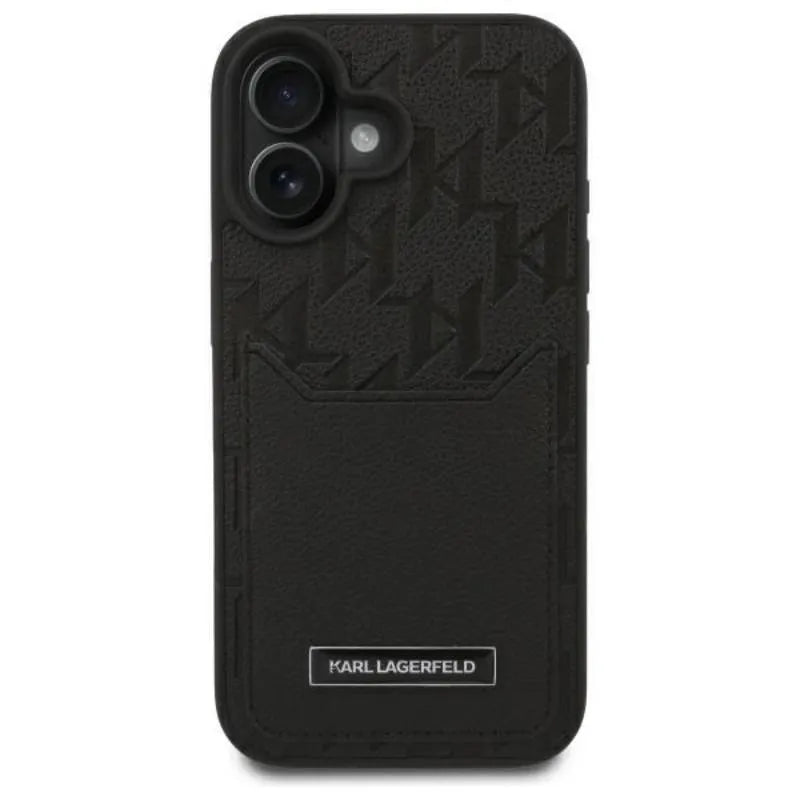Karl Lagerfeld Monogram dėklas su kortelių lizdais, skirtas iPhone 16 (juodas)