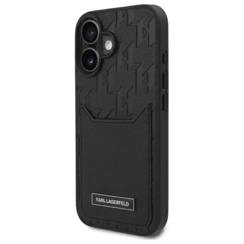 Karl Lagerfeld Monogram dėklas su kortelių lizdais, skirtas iPhone 16 (juodas)