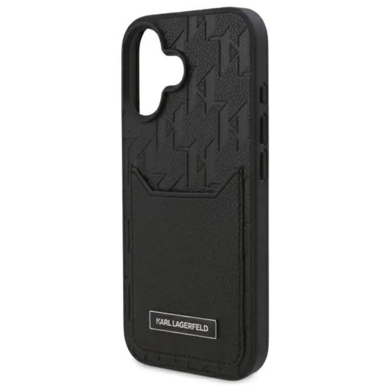 Karl Lagerfeld Monogram dėklas su kortelių lizdais, skirtas iPhone 16 (juodas)