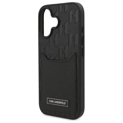 Karl Lagerfeld Monogram dėklas su kortelių lizdais, skirtas iPhone 16 (juodas)