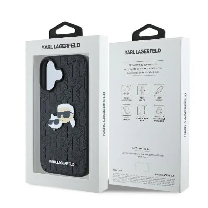 Karl Lagerfeld Monogram Karl & Choupette Head Pin - Dėklas skirtas iPhone 16 (juodas)
