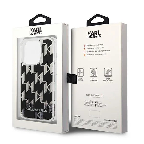 Karl Lagerfeld Monogram Liquid Glitter – dėklas iPhone 14 Pro (juodas)