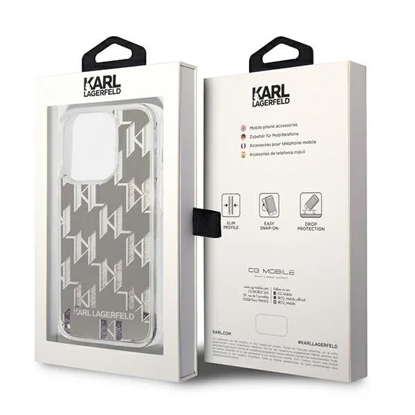 Karl Lagerfeld Monogram Liquid Glitter – dėklas, skirtas iPhone 14 Pro (sidabrinis)