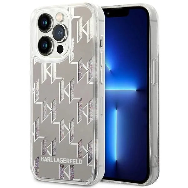 Karl Lagerfeld Monogram Liquid Glitter – dėklas, skirtas iPhone 14 Pro (sidabrinis)