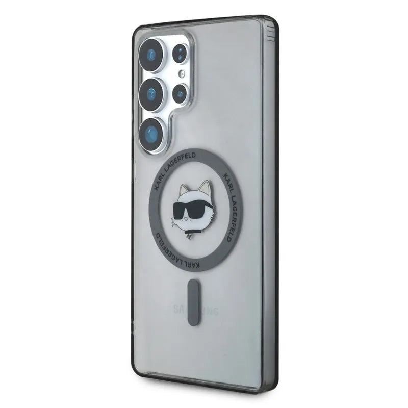 Karl Lagerfeld mygtukas Choupette galvos spausdintas logotipas MagSafe – dėklas Samsung Galaxy S25 Ultra (juodas)