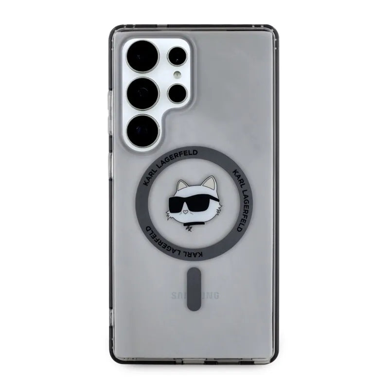Karl Lagerfeld mygtukas Choupette galvos spausdintas logotipas MagSafe – dėklas Samsung Galaxy S25 Ultra (juodas)
