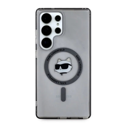 Karl Lagerfeld mygtukas Choupette galvos spausdintas logotipas MagSafe – dėklas Samsung Galaxy S25 Ultra (juodas)