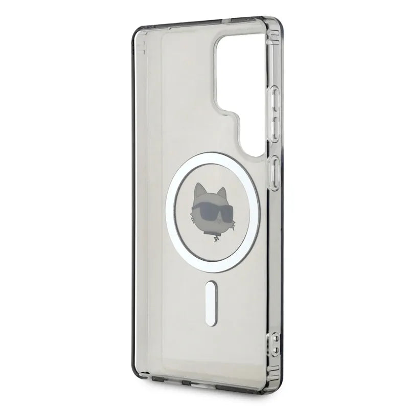 Karl Lagerfeld mygtukas Choupette galvos spausdintas logotipas MagSafe – dėklas Samsung Galaxy S25 Ultra (juodas)
