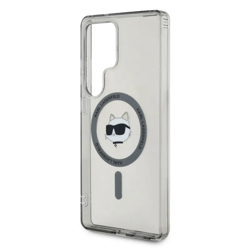 Karl Lagerfeld mygtukas Choupette galvos spausdintas logotipas MagSafe – dėklas Samsung Galaxy S25 Ultra (juodas)