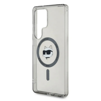 Karl Lagerfeld mygtukas Choupette galvos spausdintas logotipas MagSafe – dėklas Samsung Galaxy S25 Ultra (juodas)