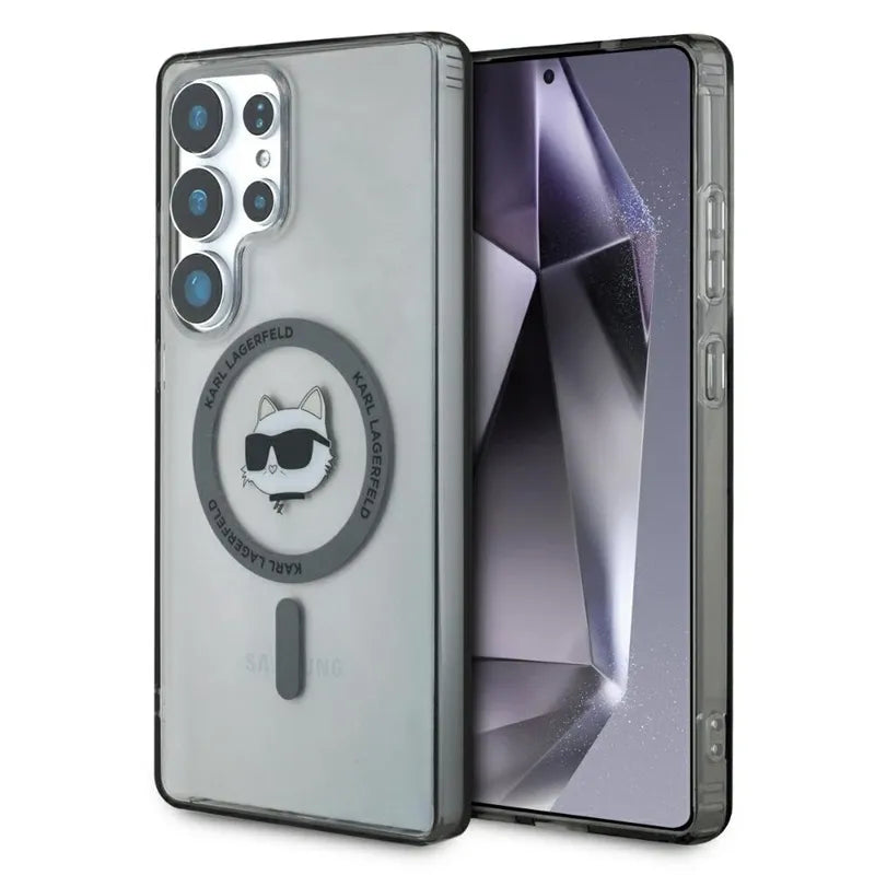 Karl Lagerfeld mygtukas Choupette galvos spausdintas logotipas MagSafe – dėklas Samsung Galaxy S25 Ultra (juodas)
