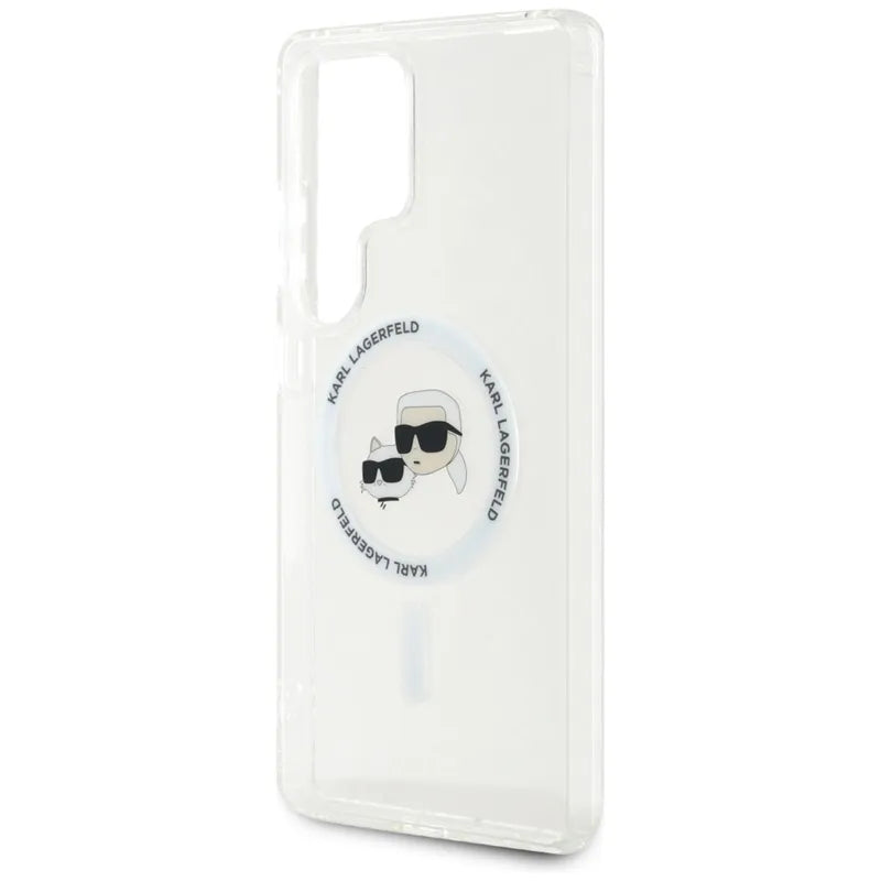 Karl Lagerfeld mygtukas Karl & Choupette galvučių atspausdintas logotipas MagSafe - dėklas, skirtas Samsung Galaxy S25 Ultra (baltas)