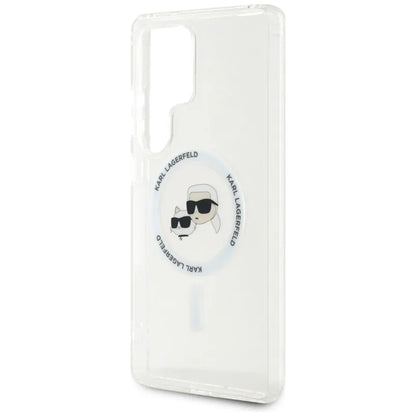 Karl Lagerfeld mygtukas Karl & Choupette galvučių atspausdintas logotipas MagSafe - dėklas, skirtas Samsung Galaxy S25 Ultra (baltas)