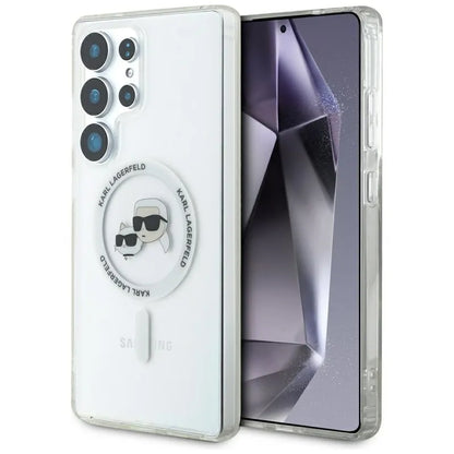 Karl Lagerfeld mygtukas Karl & Choupette galvučių atspausdintas logotipas MagSafe - dėklas, skirtas Samsung Galaxy S25 Ultra (baltas)