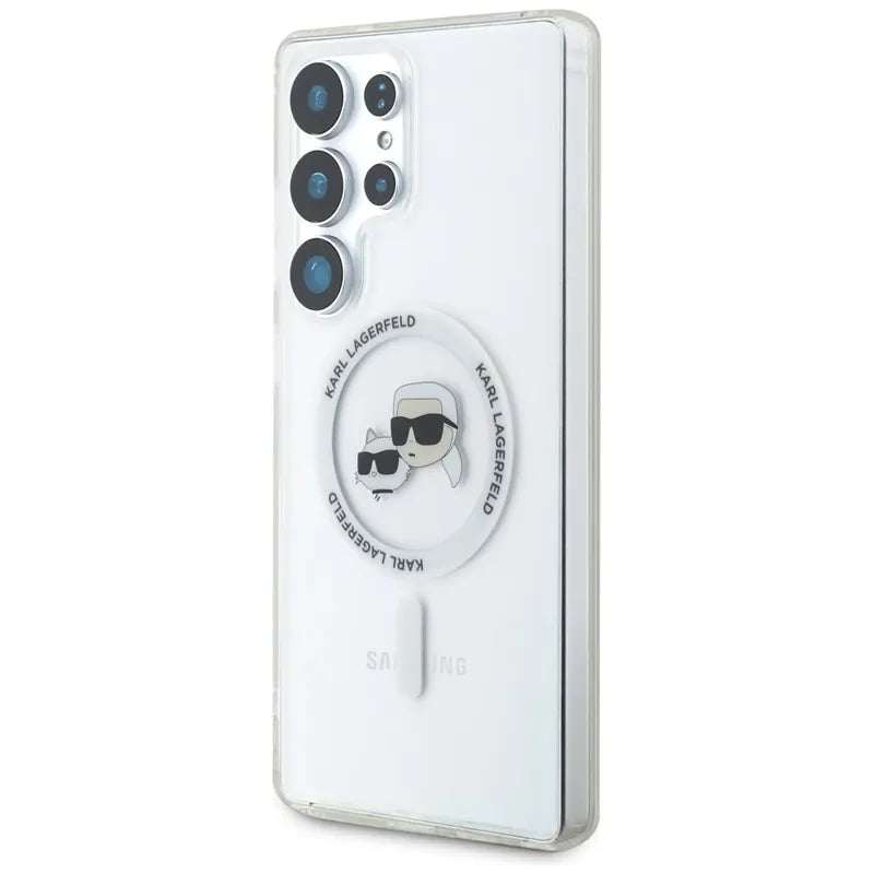 Karl Lagerfeld mygtukas Karl & Choupette galvučių atspausdintas logotipas MagSafe - dėklas, skirtas Samsung Galaxy S25 Ultra (baltas)