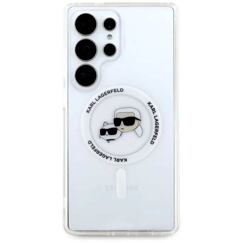 Karl Lagerfeld mygtukas Karl & Choupette galvučių atspausdintas logotipas MagSafe - dėklas, skirtas Samsung Galaxy S25 Ultra (baltas)