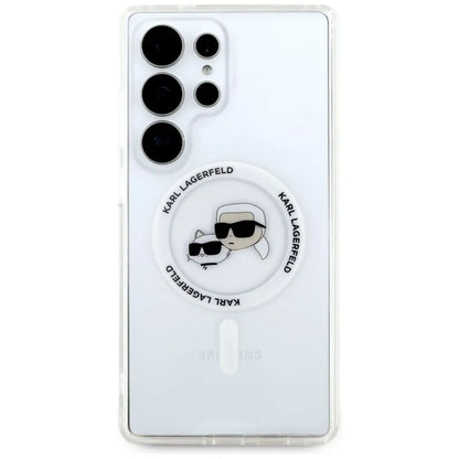 Karl Lagerfeld mygtukas Karl & Choupette galvučių atspausdintas logotipas MagSafe - dėklas, skirtas Samsung Galaxy S25 Ultra (baltas)