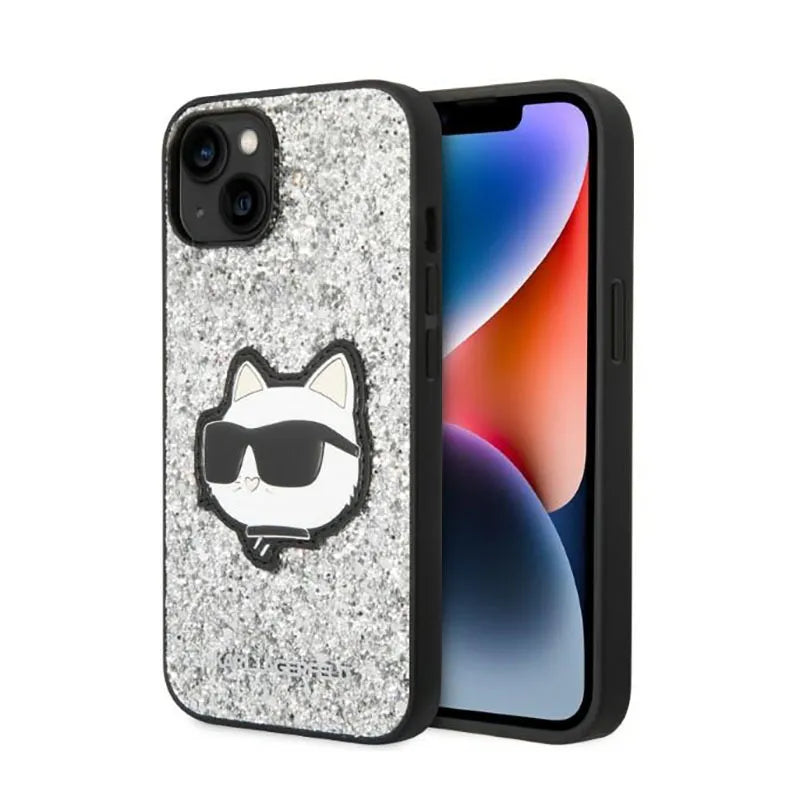 Karl Lagerfeld NFT Blizgantis Choupette Patch - dėklas iPhone 14 (sidabras)