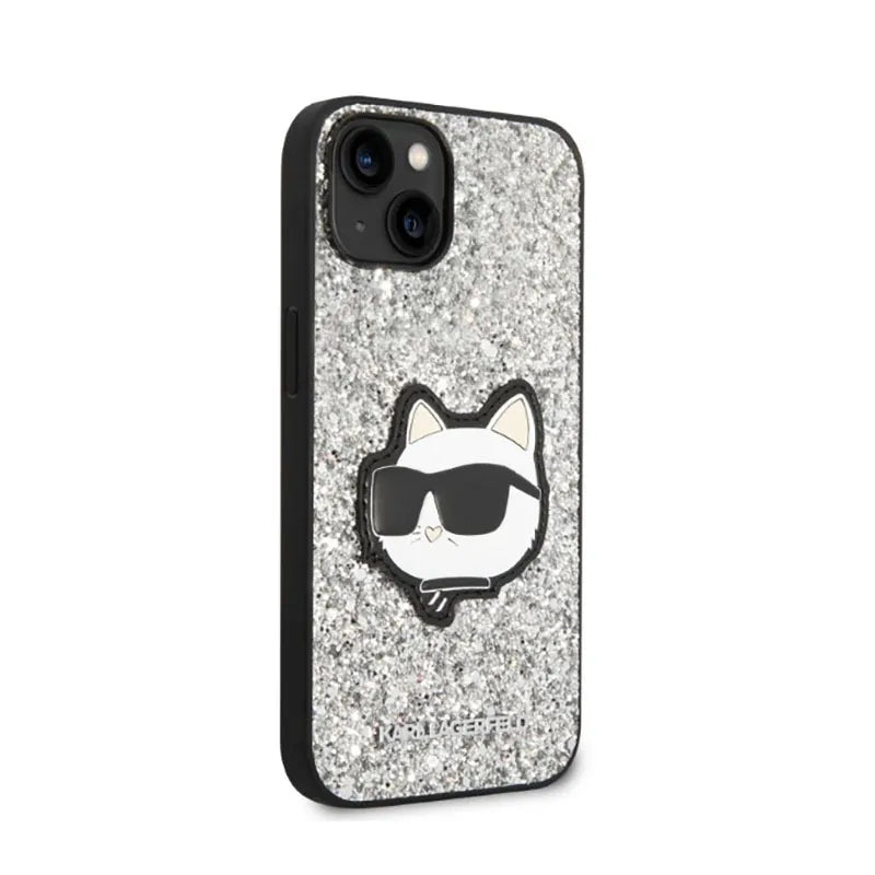 Karl Lagerfeld NFT Glitter Choupette Patch – dėklas, skirtas iPhone 14 Plus (sidabro spalvos)