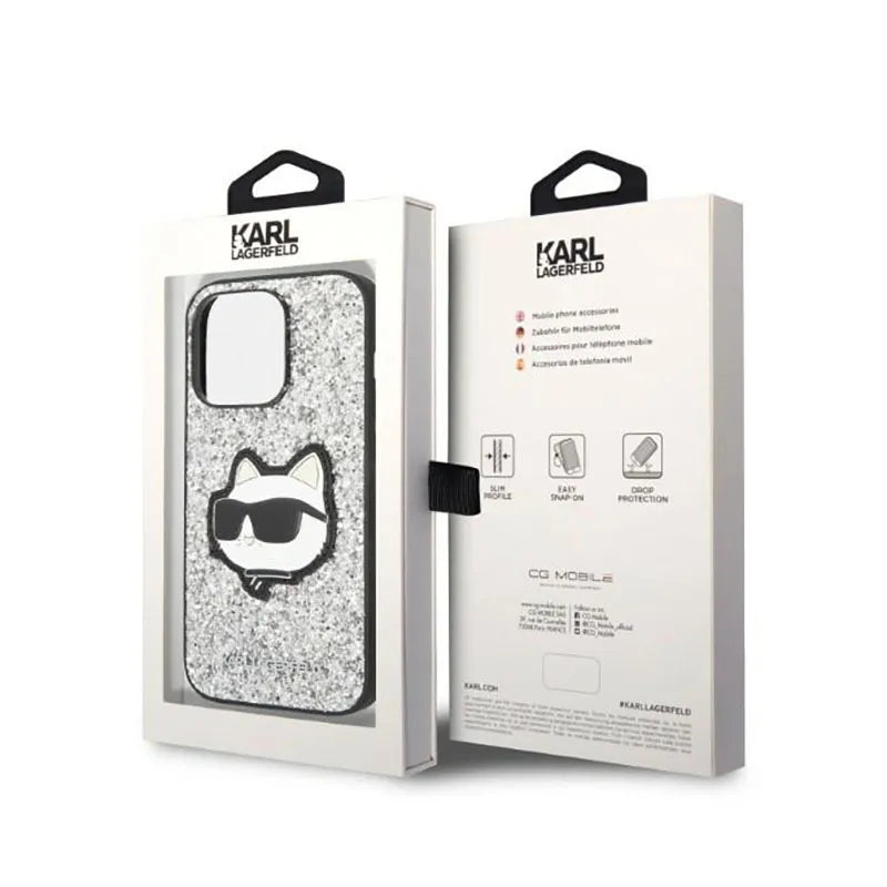 Karl Lagerfeld NFT Glitter Choupette Patch – dėklas, skirtas iPhone 14 Pro (sidabrinis)