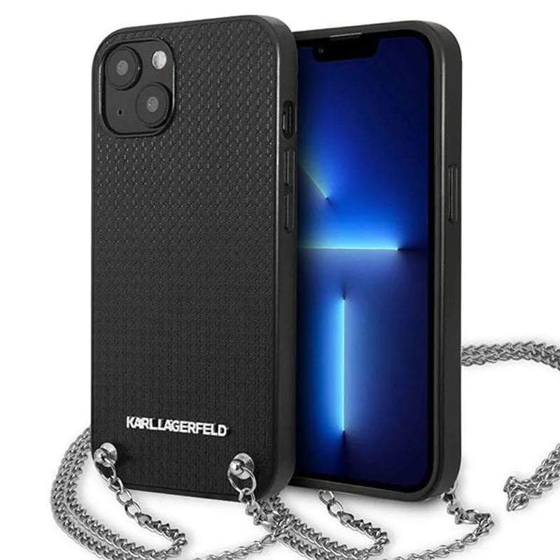 Karl Lagerfeld od tekstūruotos odos ir grandinėlės – dėklas, skirtas „iPhone 13 mini“ (juodas)