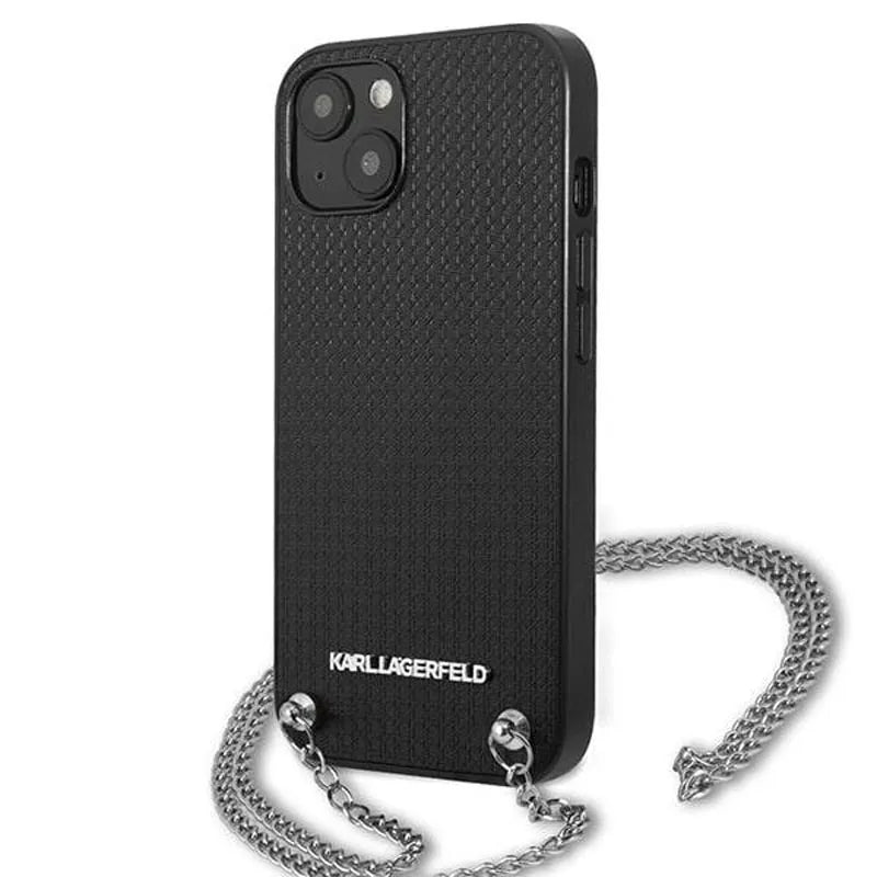 Karl Lagerfeld od tekstūruotos odos ir grandinėlės – dėklas, skirtas „iPhone 13 mini“ (juodas)