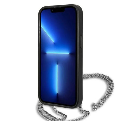 Karl Lagerfeld od tekstūruotos odos ir grandinėlės – dėklas, skirtas „iPhone 13 mini“ (juodas)