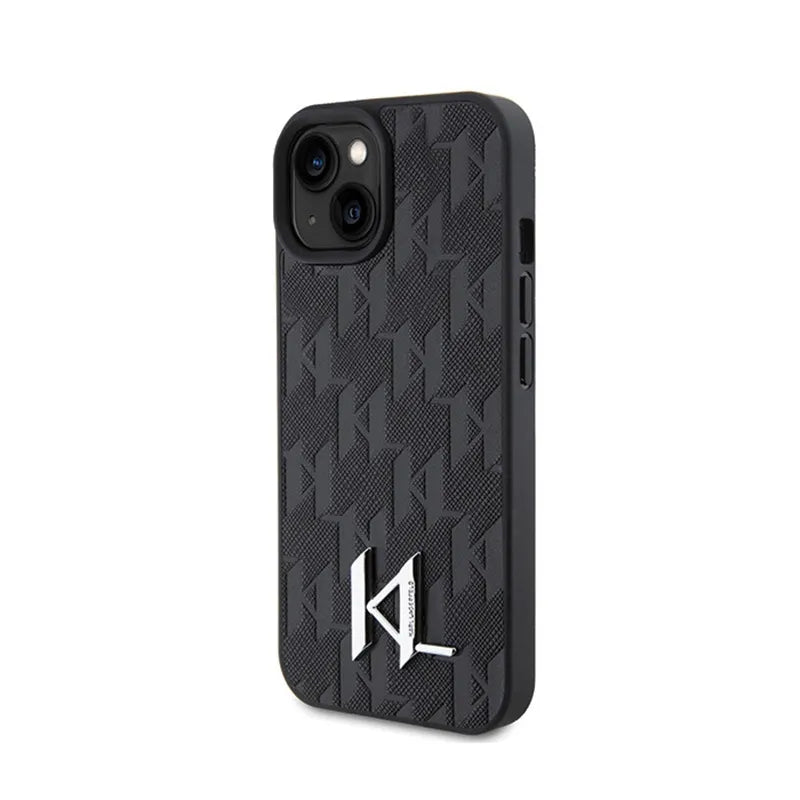 Karl Lagerfeld Odinė Monograma, Karštu Būdu Įspaustas Metalo Logotipas - Dėklas iPhone 15 (juodas)