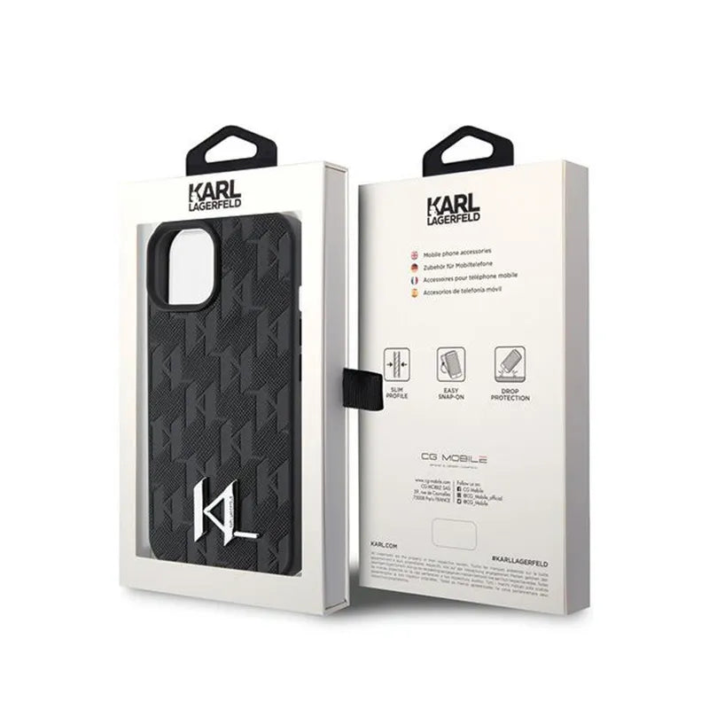Karl Lagerfeld Odinė Monograma, Karštu Būdu Įspaustas Metalo Logotipas - Dėklas iPhone 15 (juodas)