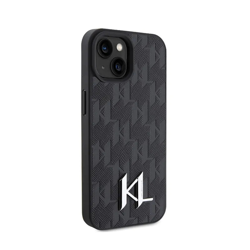 Karl Lagerfeld Odinė Monograma, Karštu Būdu Įspaustas Metalo Logotipas - Dėklas iPhone 15 (juodas)